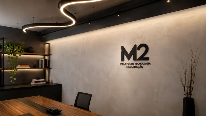 Logo da M2 aplicado na parede de uma sala de reunião